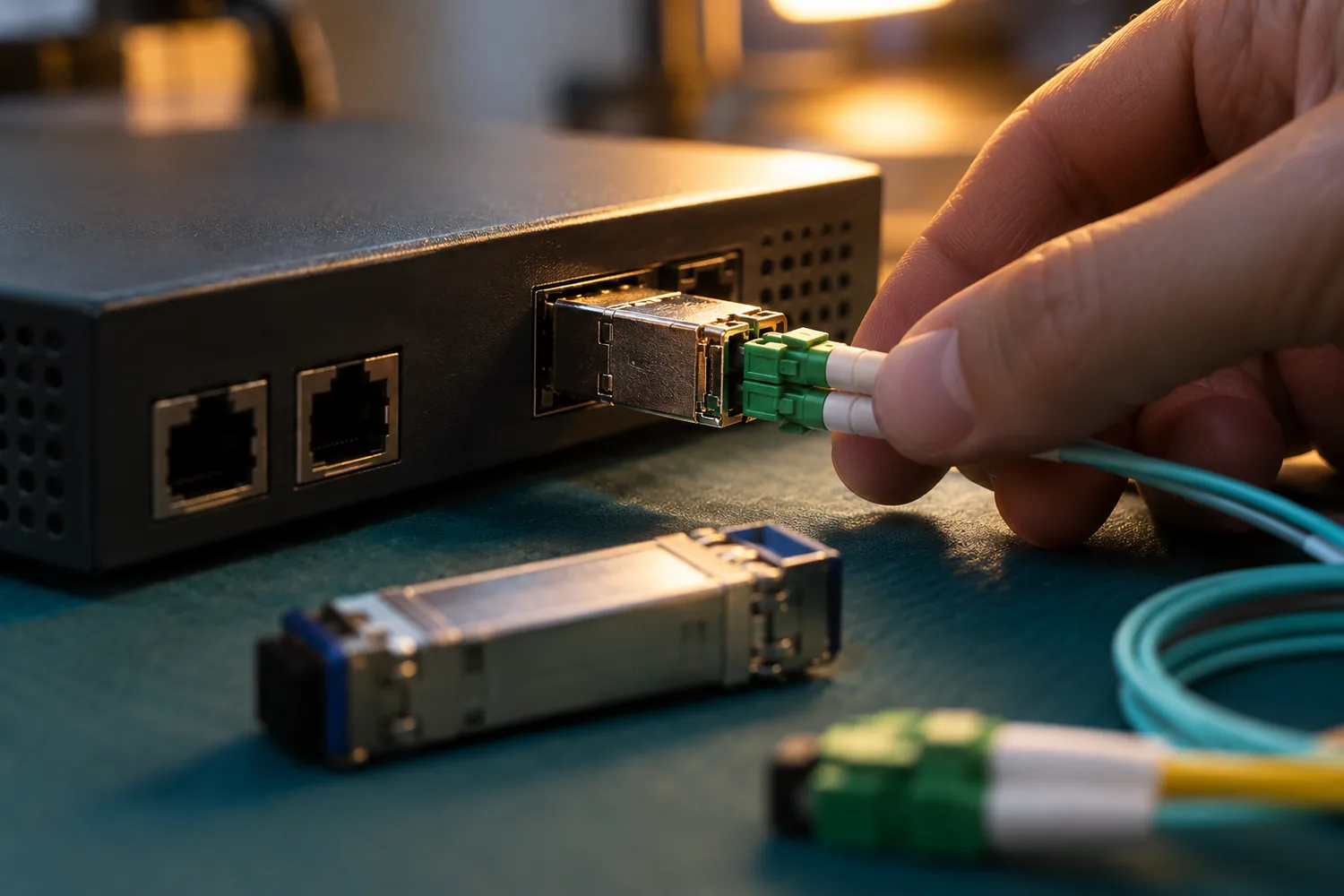 暖色任务灯下技术人员在深青色诊断台连接光纤路由接口与SFP模块
