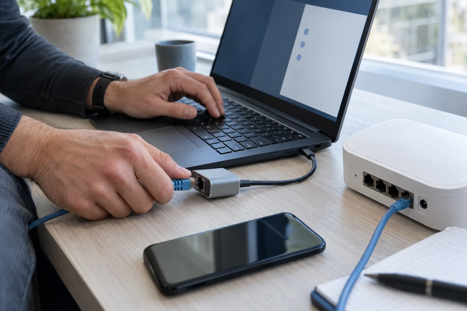 客户端部署台中的笔记本手机网络网关与USB-C网络转接器